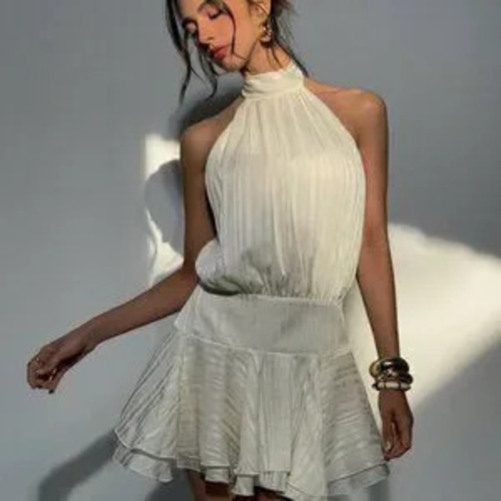 Willow Sexy Women's Sleeveless Satin Striped Textured Halter Mini Dress